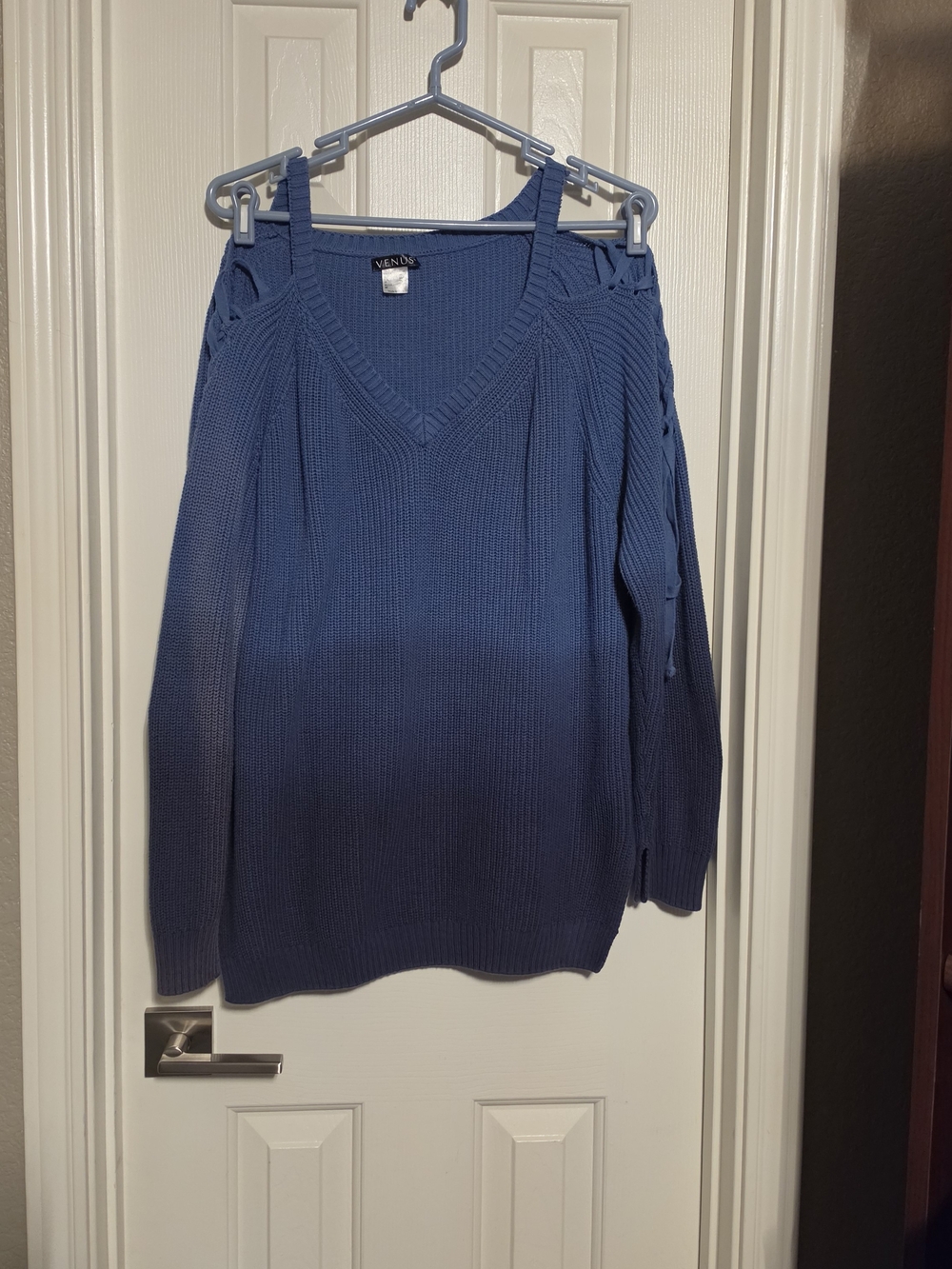 VENUS Blue V-Neck Cold-Shoulder Sweater